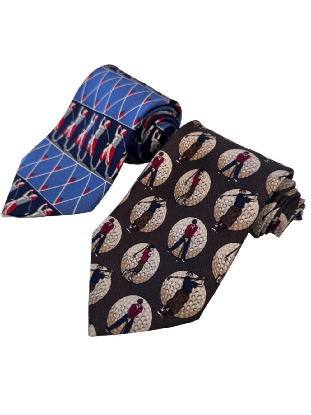 Sterling Hunt Brown OLMO 100% Silk Necktie Blue Red GOLF Print Tie 59" Lot of 2 - Picture 3 of 11